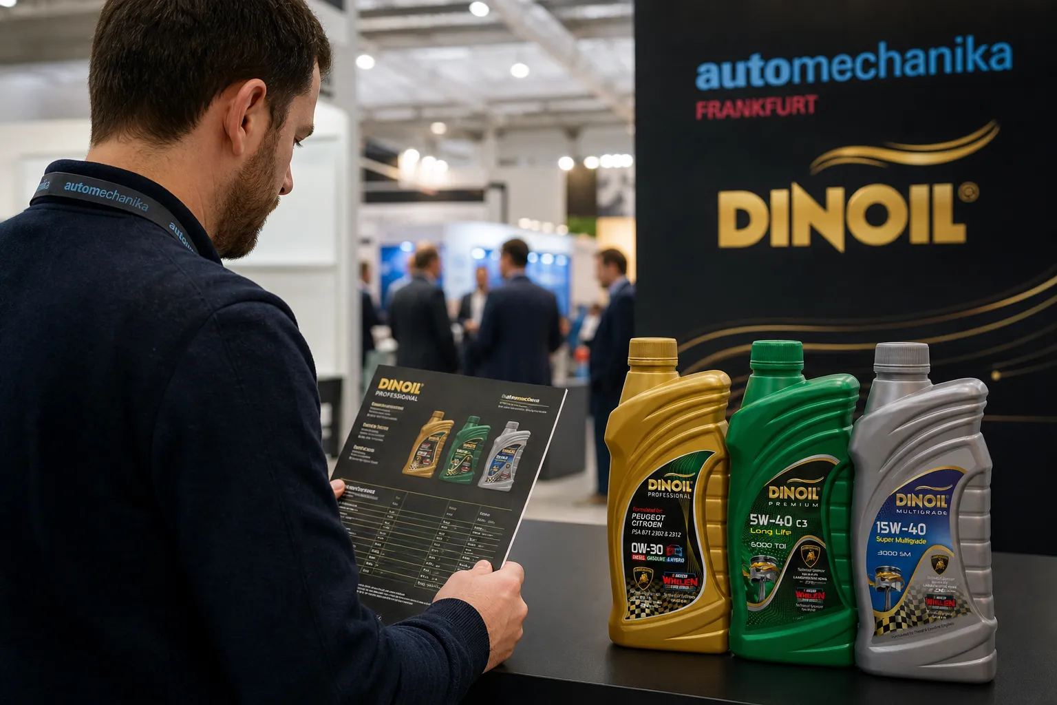 Operatore valuta tre lubrificanti Dinoil leggendo una scheda tecnica ad Automechanika Frankfurt
